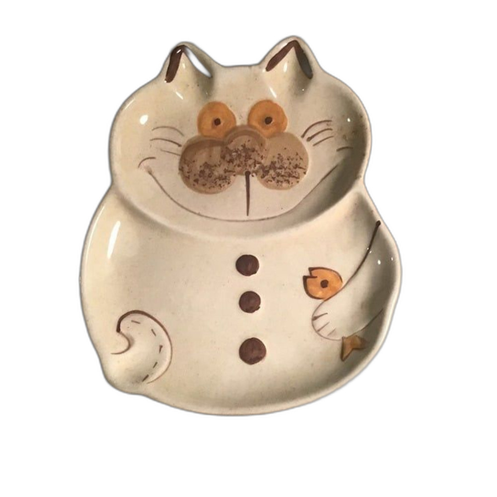 Vintage Whimsical Ceramic Cat Spoon Rest Trinket Dish Holding Fish 8" x 6.5"